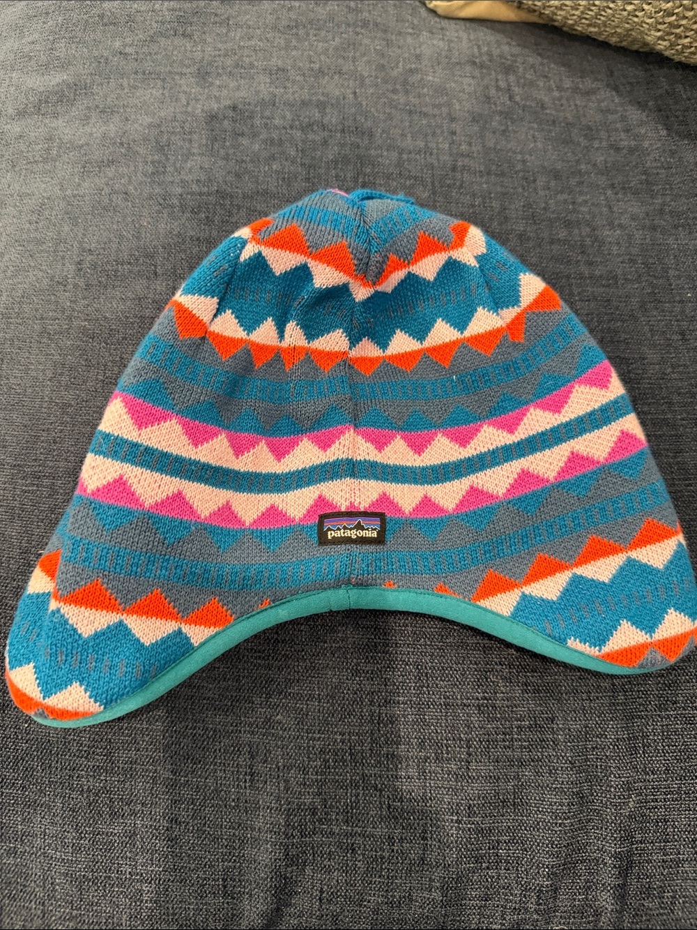 Patagonia 5T Kids Teal Blue Knit Beanie with Orange & Pink Pattern